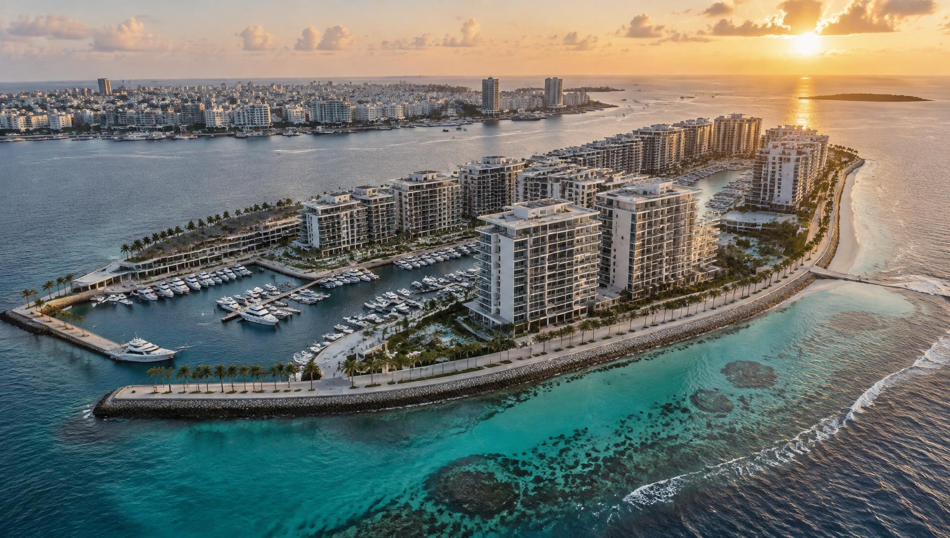 AI-generated fictional waterfront residences and marina